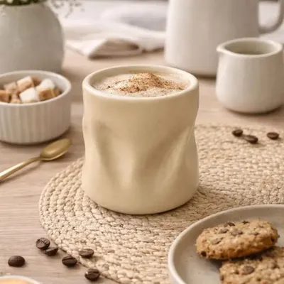 Image de Tasse céramique Wave beige mat 350 ml, Ø 9 x H 8,8 cm, lot de 2