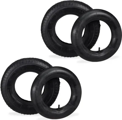 Produktbild von Relaxdays Schubkarrenrad mit Schlauch, 2er Set Ersatzreifen, 4.00-6", luftbereift, für Schubkarre, bis 136 kg, schwarz