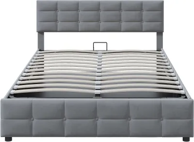 Produktbild von Polsterbett 180x200cm Jugendbett (ohne Matratze) Mit Lattenrost Hydraulisches Doppelbett hollaendischer Samtstoff Grau
