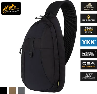 A black Helikon-Tex EDC sling backpack is shown against a white background, with various feature badges on the right side.