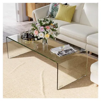 Produktbild von Couchtisch aus gehärtetem Glas, U-förmiger Beistelltisch, moderner Glastisch für Wohnzimmer, Büro und Hotel, belastbar bis 136 kg, 108 x 50 x 35 cm