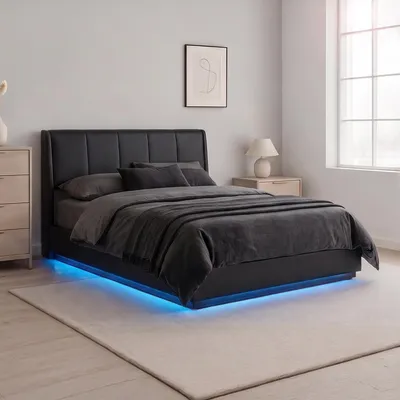 Image de Lit rembourré LED "Tröstiar" avec coffre de rangement, revêtement en similicuir, 140 x 200 cm, couleur noire