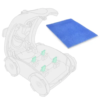 An illustration showing a pool cleaner with its lid open, revealing internal components, and a blue filter pad next to it.
