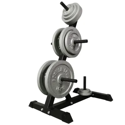 Produktbild von GORILLA SPORTS® Hantelscheibenständer Set 77,5 kg - Hantelscheiben aus Gusseisen, 6 Stangen mit 30mm Scheibenaufnahmen, bis 200kg Belastbar, Schwarz - Hantelständer, Hantelablage, Hantelbaum, Gewichte