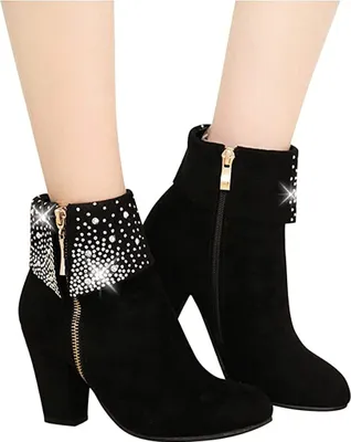 Produktbild von ASKSA Damen Kurz Stiefel mit Absatz Glänzend Klobigem Stiefeletten, Schwarz, Größe: 38