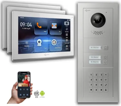 Produktbild von Goliath IP Video Türsprechanlage: 10-Zoll 3 Familienhaus, Zahlencode, Silber : 10 Zoll Weiß : 4er POE : Unterputzdose Anschluss: 4er POE Monitor Farbe: 10 Zoll Weiß Montage: Unterputzdose