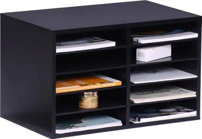 Obrázek produktu pro Relaxdays Bambusový organizér na dokumenty, formát A4, 10 přihrádek, kancelář, VxŠxH: 31 x 49 x 31 cm, organizér na stůl, černý