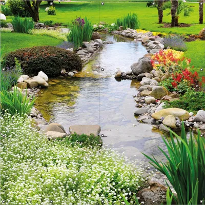Produktbild von Wallario Outdoor-Poster für Garten oder Balkon, Motiv Blumen am Teich, in ca. 180 x 180 cm