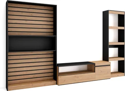 Produktbild von Wohnwand Wohnzimmer, 320x35x186cm, Wohnzimmer Möbel, Eiche und Schwarz