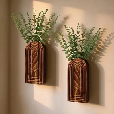 Produktbild von 2er Set Holz Wandvase mit 20 künstlichen Eukalyptus-Zweigen, Retro-Design, bohrfrei montierbar