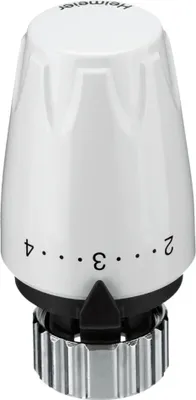 A close-up studio shot of a white thermostat head with black markings and a silver base.