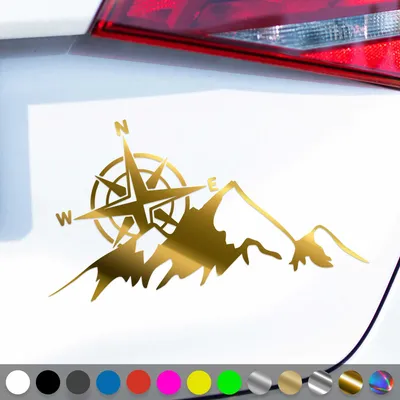 Produktbild von PantherPixel Kompass Berge Aufkleber Windrose Reisen Camping Sticker Auto Geschenkidee Farbe Chrom-Gold