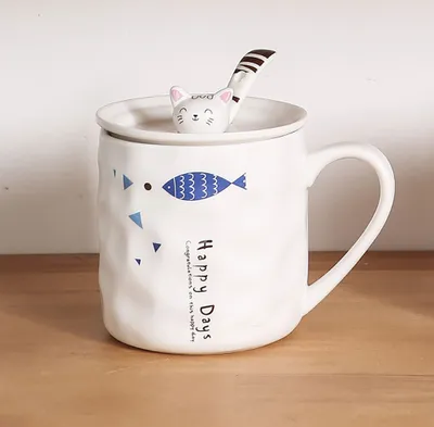 Produktbild von 360Home Cartoon Keramikbecher mit Deckel und Rührlöffel B-yushangdantiao