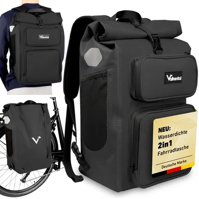 Produktbild von Valkental® UrbanX Fahrradtasche Gepäckträgertasche mit Rucksack Funktion, wasserdicht - 28L - schwarz
