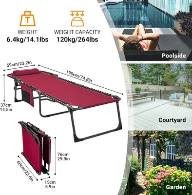 Image de Chaise longue pliante - Chaise de camping - Transat pliable avec dossier réglable en 5 positions et coussin pour la tête - 190 x 59 x 37 cm