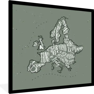 Produktbild von MuchoWow® MuchoWow® Gerahmtes Poster Karte - Europa - Grau - Buchstaben 40x40 cm - Poster mit zchwarzem Bilderrahmen - Mit Rahmen - Wanddekoration Schlafzimmer