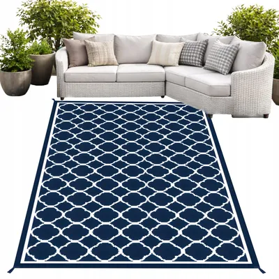 Produktbild von Outdoor Teppich 120x180 Wasserdicht - Balkon Terrasse Wendbar - Dunkelblau Weiß