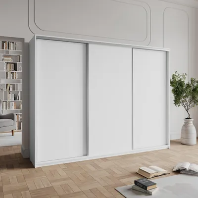 Produktbild von Masseno Schiebetürenschrank NISSE 250/205/60 cm Kleiderschrank mit 4 Schubladen Schlafzimmer Schrank 3-türig Weiß