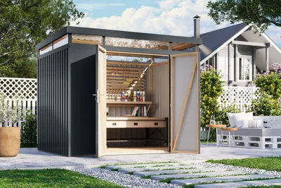 Produktbild von Gartenhaus Metall Metallgerätehaus Metallgartenhaus AURUM 3 Metallhaus anthrazit 290x209x239 cm