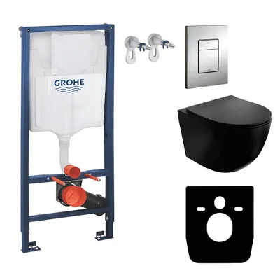 Produktbild von GROHE | Vorwandelement Solido + Wand Hänge WC Sinto Schwarz Spülrandlos + WC-Sitz SoftClose | Verchromter Knopf | Komplettset | Toilette Komplett Sett
