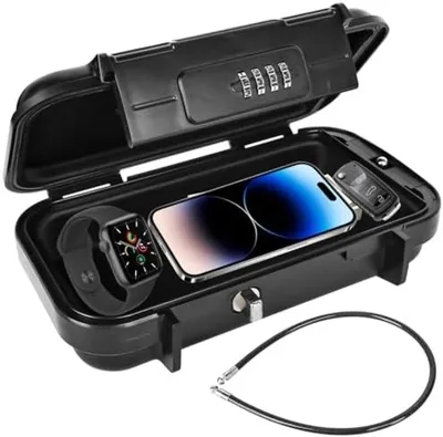 Produktbild von PromoHome® Tragbarer Safe mit Zahlenschloss – Wasserdichte Sicherheitsbox mit Stahlkabel für Strand und Reisen, Schwarz