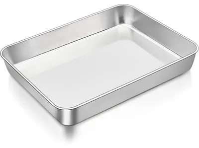 Productafbeelding van Rechthoekige bakplaat van roestvrij staal, zilverkleurig, afmetingen 26,5 x 20,7 x 5 cm, 1 stuk