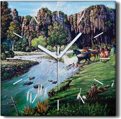 Produktbild von Coloray Hodiny Unikátní 30x30 cm  Tiché hodiny Pro obývací pokoj a kuchyň Nástěnné hodiny Plátno Černé ručičky hodin - Strom horských koní řeky