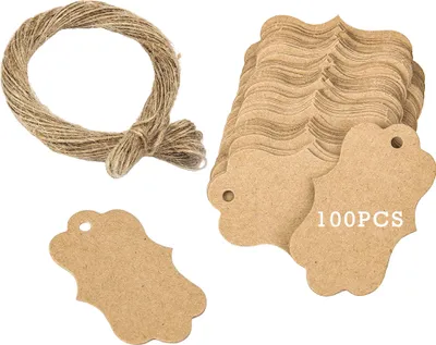 Image de Étiquettes cadeau Kraft, 100 PCS étiquettes papier, étiquettes vierges de mariage avec 20 mètres de fil de jute, ondulé