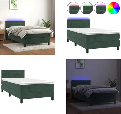 Produktbild von vidaXL Boxspringbett mit Matratze & LED Dunkelgrün 90x200 cm Samt - Boxspringbett - Boxspringbetten - Bett - Schlafzimmermöbel