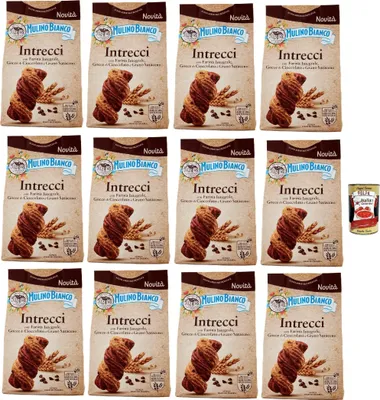 Produktbild von Mulino Bianco Intrecci Biscotti, Vollkorn -Kekse mit Kakao -Gebäck und Schokoladenchips, biscuits, cookies, 12x 300g + Italian Gourmet polpa 400g
