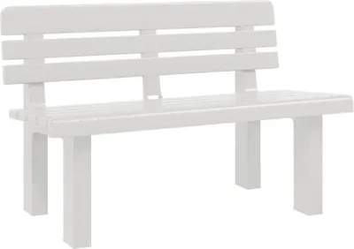 A white polypropylene garden bench is shown against a white background.