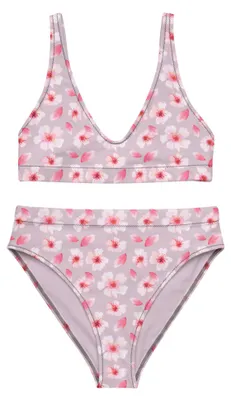 Produktbild von Mr. & Mrs. Panda Bikini Kirschlüten Meer Größe S - Weiß - Geschenk, Bademode, Blumen, Muster, Kirschblüten, Blütenmuster, Zweiteiler, High Waist, Blüten, Bikinioberteil