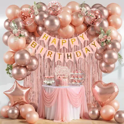 48-teiliges Geburtstags-Deko-Set, Roségold, mit Banner & Ballons