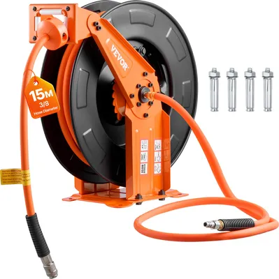 Zdjęcie produktu dla Bęben na wąż pneumatyczny VEVOR, zwijacz węża 15 m x 9,5 mm Hybrydowy wąż pneumatyczny, 20 bar, automatyczne zwijanie węża z przewodem zasilającym o długości 1,52 m, montaż na suficie/ścianie, podwójne ramię ze stali