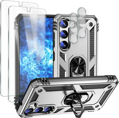 A silver phone case with a ring holder and screen protectors.