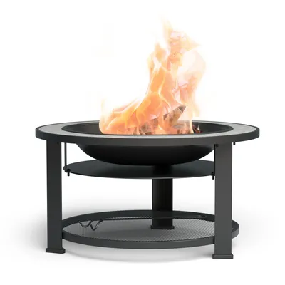 A black metal fire pit with flames burning inside, shown on a white background.