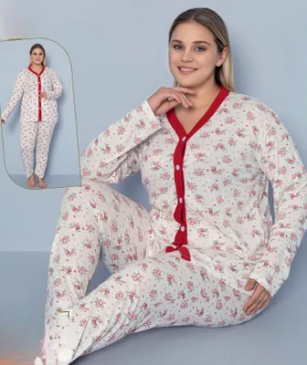 Produktbild von Damen Große Größen Pyjama Schlafanzug mit Knöpfen Weiß 3XL Lang Baumwolle 2-Teiler Set C-18