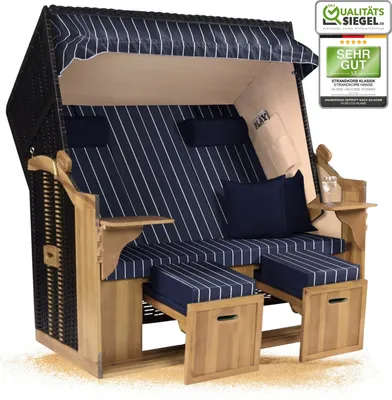 Produktbild von Strandkorb Ostsee 2,5-Sitzer 150cm breit in Schwarz Blau Weiß Nadelstreifen Montiert ideal für Balkon, Terrasse oder Garten