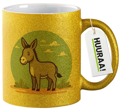 Produktbild von Huuraa Glitzertasse süßer Esel Comic 330ml Gold Keramik Kaffeebecher Geschenkidee