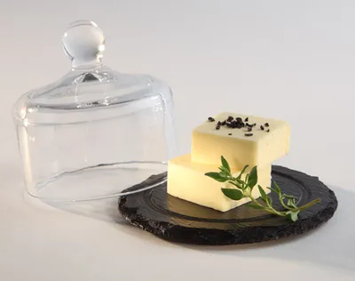 Produktbild von APS Naturschieferplatte mit Glashaube, Durchmesser: 105 mm Materialstärke: 6-9 mm, gebrochene Kanten, glänzende