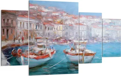 Produktbild von Bild auf Leinwand - Leinwandbild - 4 Teile - Öl Boote Griechenland - 160x90cm - Wand Bild - Wanddeko - Wandbilder - Leinwanddruck - Bilder - Wanddekoration - Leinwand bilder - Wandbild - DL160x90-4467