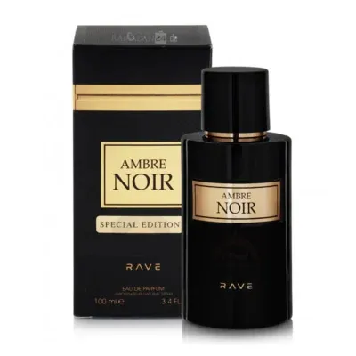 A black perfume bottle and its packaging are displayed against a white background.