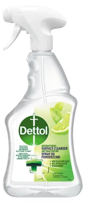 A Dettol antibacterial surface cleanser spray bottle with lime and mint scent.