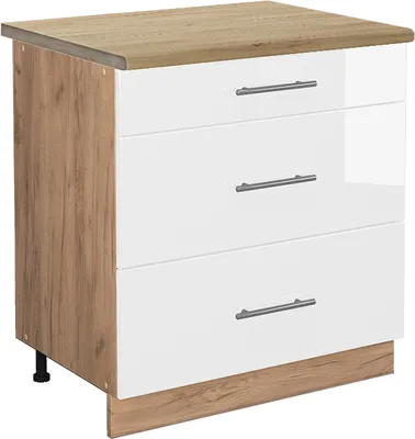 Produktbild von Küchenunterschrank Vicco Fame-Line Weiß Hochglanz 80 cm mit 3 Schubladen, AP Eiche, Model 46042