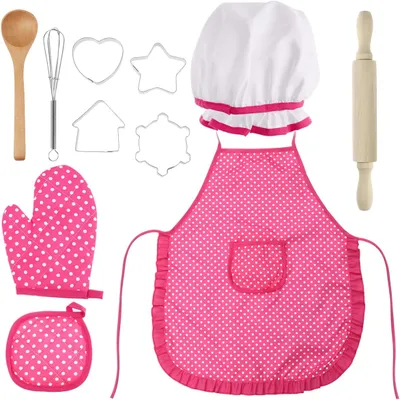 Produktbild von Kinderschürze Koch und Backset, Kochset für Kinder 11 Teiliges Küchenkostüm Rollenspiele mit Schürze, Kochmütze, Handschuh Utensil und Ausstecher für Kleinkinder