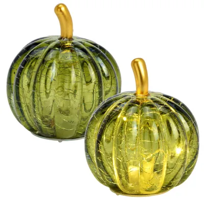 Produktbild von LED Kürbis Set aus Glas Dunkelgrün, Herbstdeko in Ø 7 x 9 cm