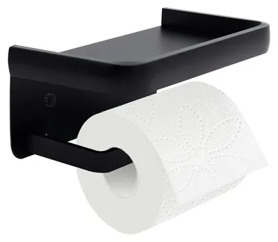Image de Porte-rouleau de papier toilette avec étagère, finition noire mate, en acier inoxydable, pour salle de bain
