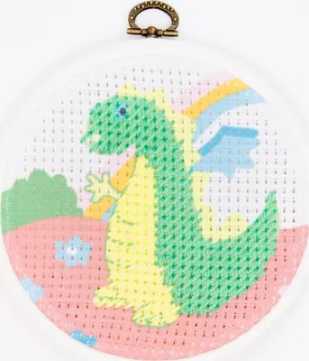 Obrázek produktu pro DMC Sada pro vyšívání křížkem "Drak", obsahuje plastový rám, rozměry 18x18 cm, a potištěnou látku