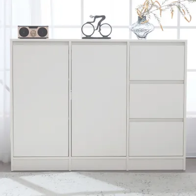 Image de Commode AIORBER, grand espace de rangement, avec étagères réglables, panneau de particules, sécurité anti-basculement, Sideboard，pour salle à manger, salon, 120x90x35 cm, blanc