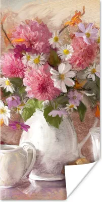 Produktbild von MuchoWow® Poster Gemälde - Blumen - Vase - Ölfarbe 60x120 cm - Wandschmuck